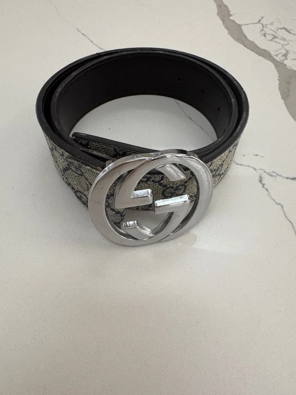 Gucci Beige & Blue Monogram Skinny Belt with Silver GG Buckle